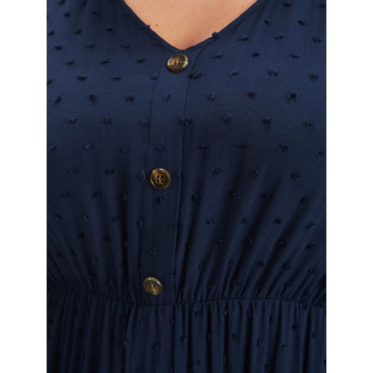 Plus Size Polka Dot Lantern Sleeve Pocket Button Front Midi Dress Navy Women Casual Button V-neck Long Sleeve Curvy Midi Dress BloomChic 26/4X Product Image