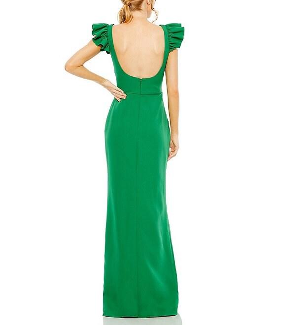 Mac Duggal Scoop Neck Ruffle Shoulder Crepe Column Gown Product Image