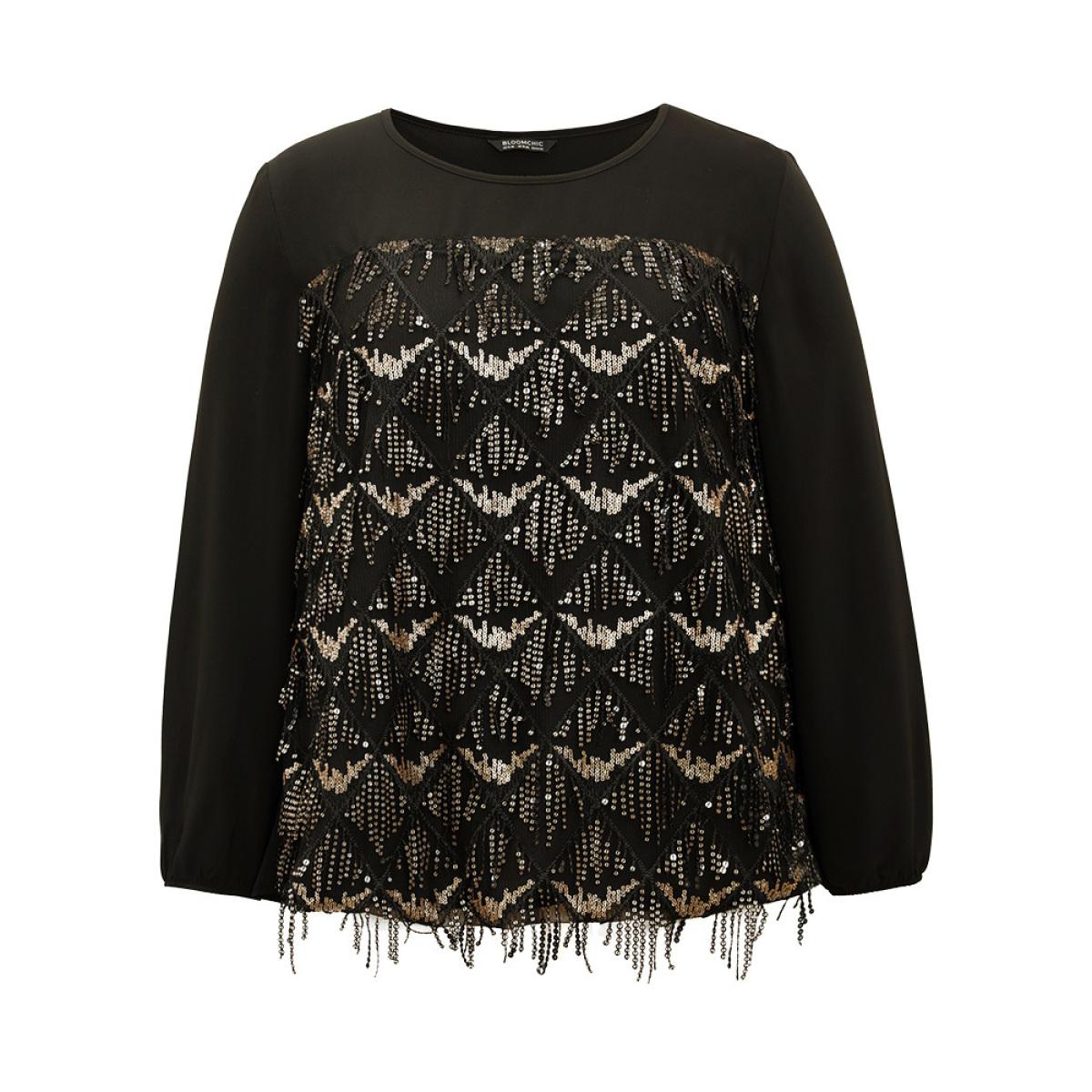 Plus Size Black Sequin Tassel Trim Patchwork Lantern Sleeve Blouse Women Glamour Long Sleeve Round Neck Party Blouses BloomChic 22-24/3X Product Image