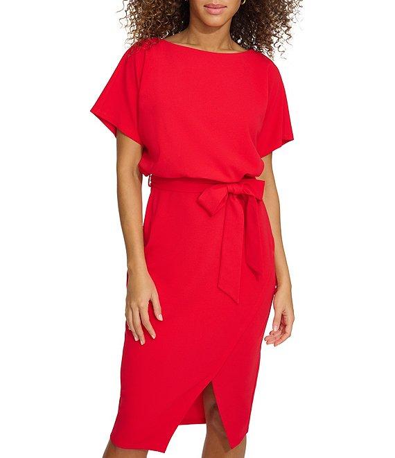 Kensie Textured Knit Boat Neck Self-Tie Waist Faux Wrap Blouson Dress Product Image