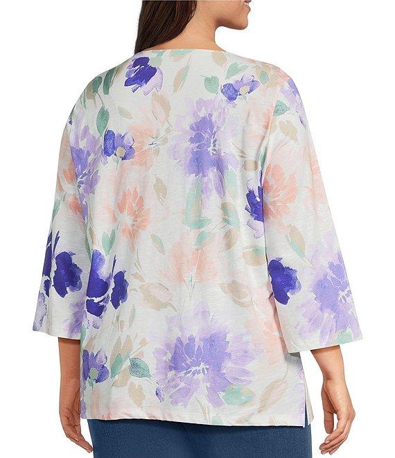 Allison Daley Plus Size Floral Print 3/4 Sleeve V-Neck Beaded Applique Knit Top Product Image