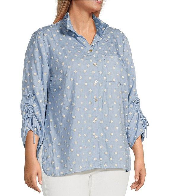John Mark Plus Size Woven Embroidery Dots Wire Collar 3/4 Ruched Cinched Tie Sleeve Button Front Blouse Product Image