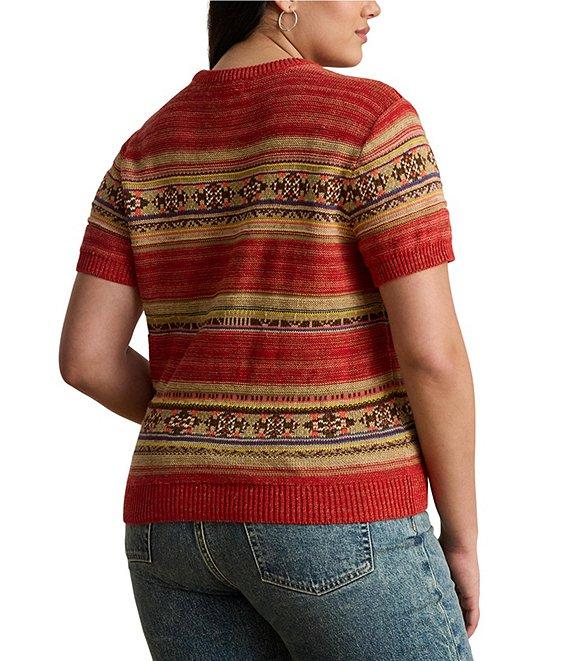 Lauren Ralph Lauren Plus Size Geometric Stripe Ribbed Crew Neck Short Sleeve Pullover Sweater Product Image
