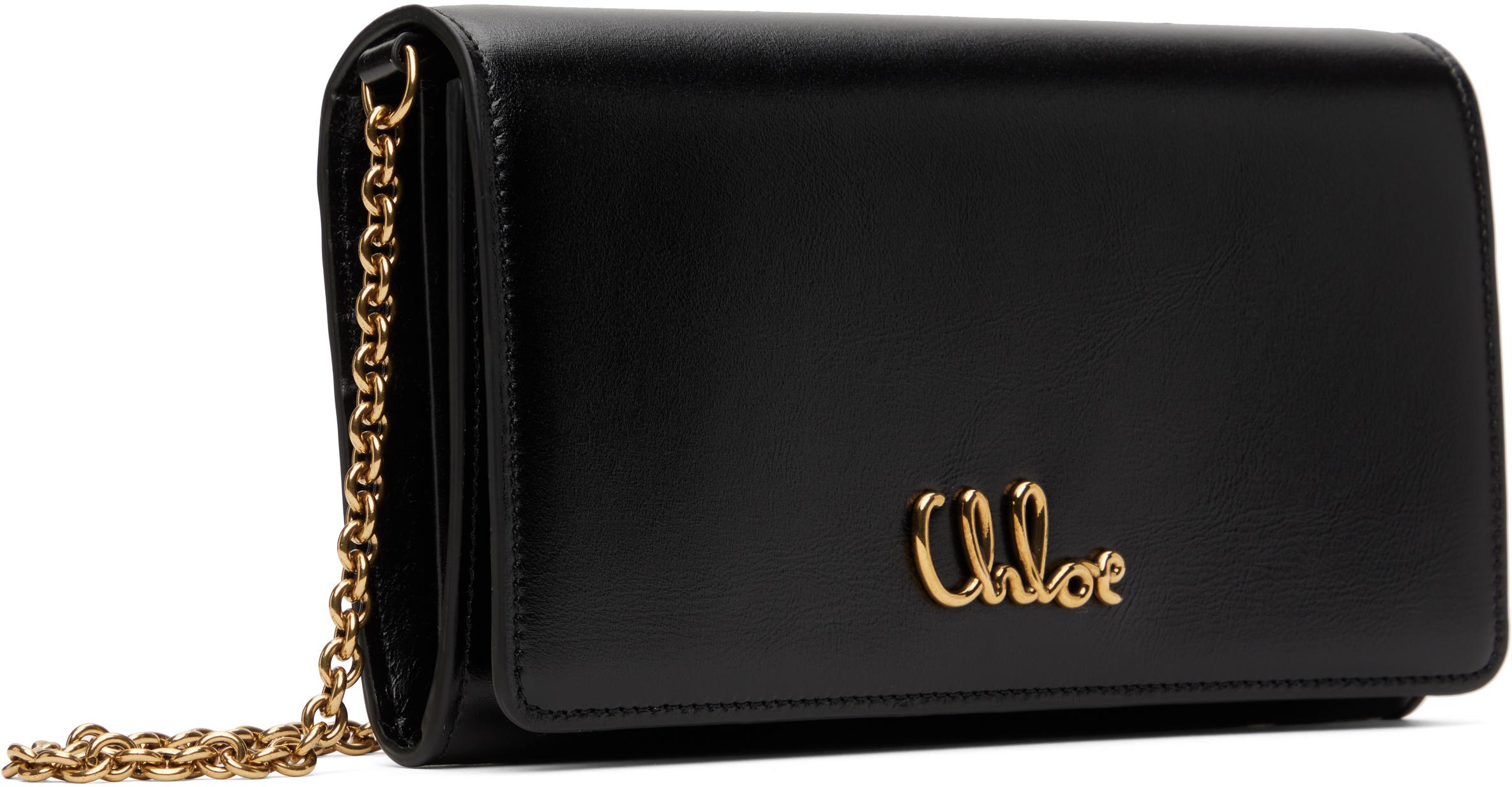 CHLOÉ Iconic Flap Wallet On Chain In Shiny Calfskin In Black Product Image