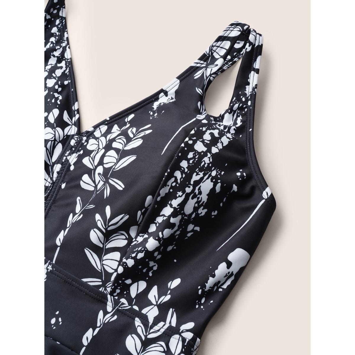 Plus Size Plants Print Adjustable Straps Cut Out Swim Dress Women's Swimwear Black Beach Bodycon V-neck High stretch Curve Swim Dresses BloomChic 28/5X Product Image