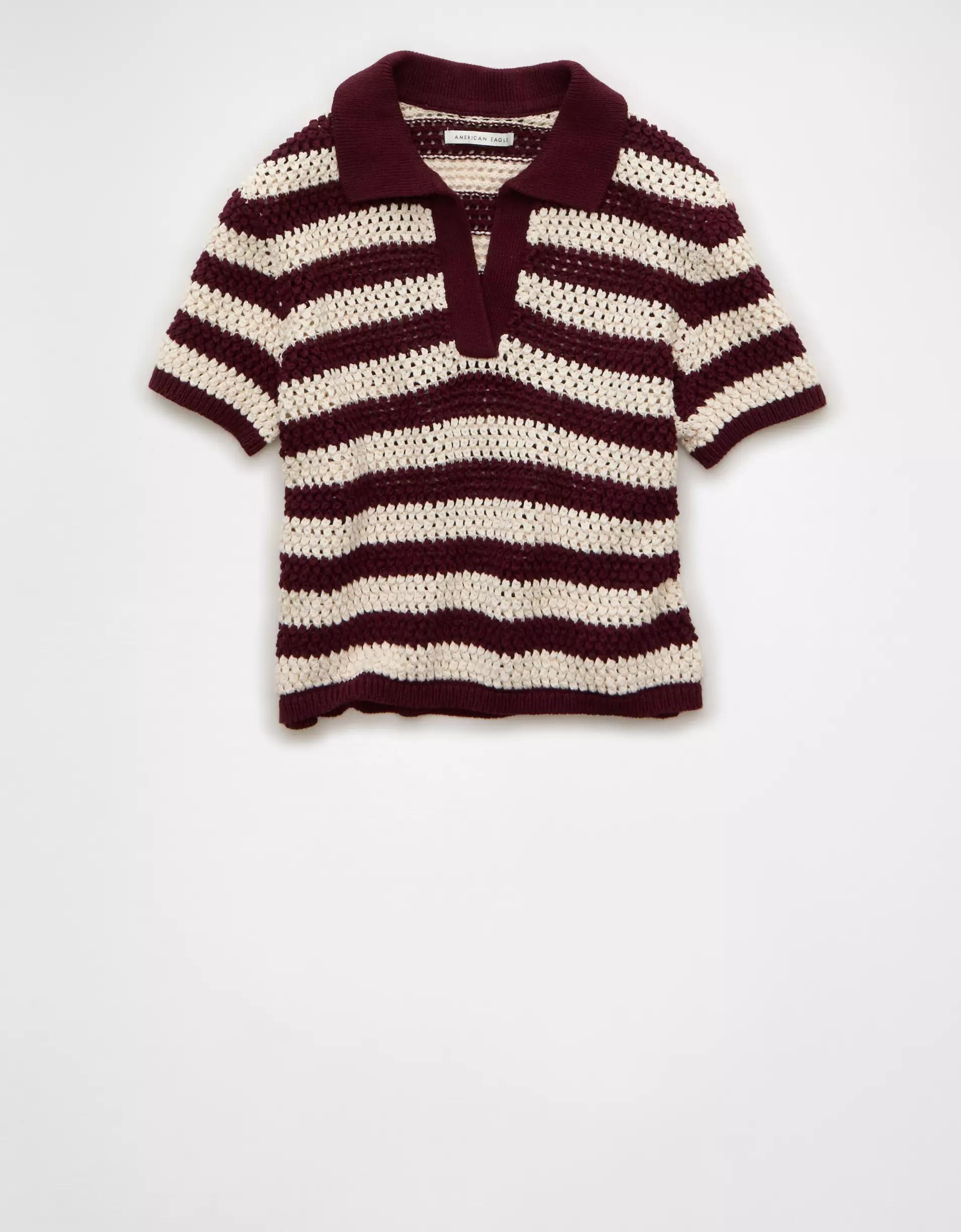 AE Cropped Crochet Sweater Polo Shirt Product Image