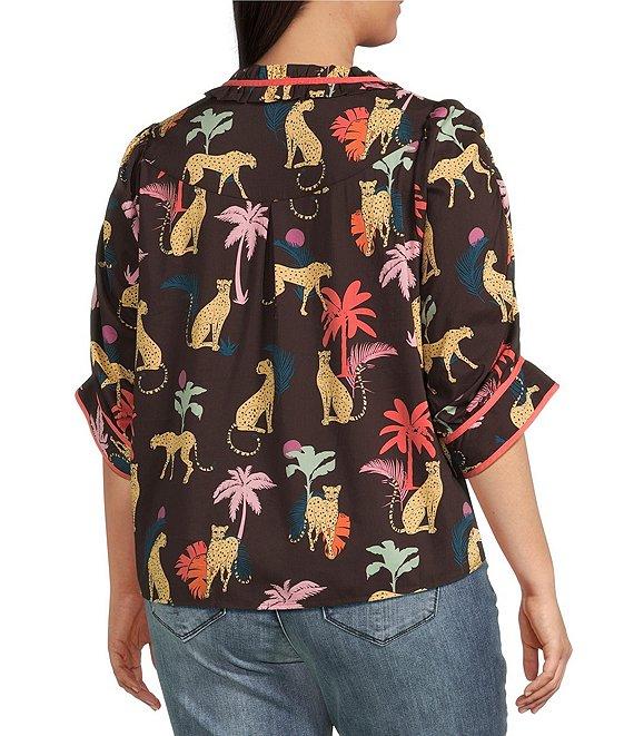 Democracy Plus Size Woven Animal Palm Printed Ruffle Split V-Neck Ruched Elbow Sleeve Top Product Image