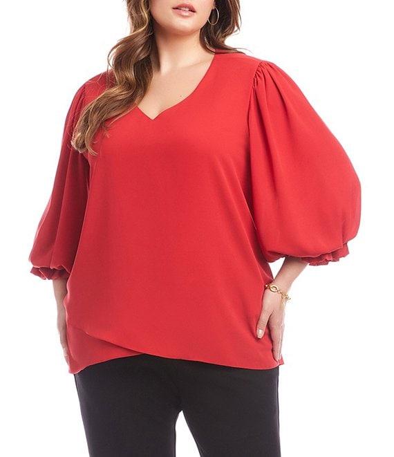Karen Kane Plus Size V-Neck 3/4 Lantern Sleeves Asymmetric Layered Hem Top Product Image