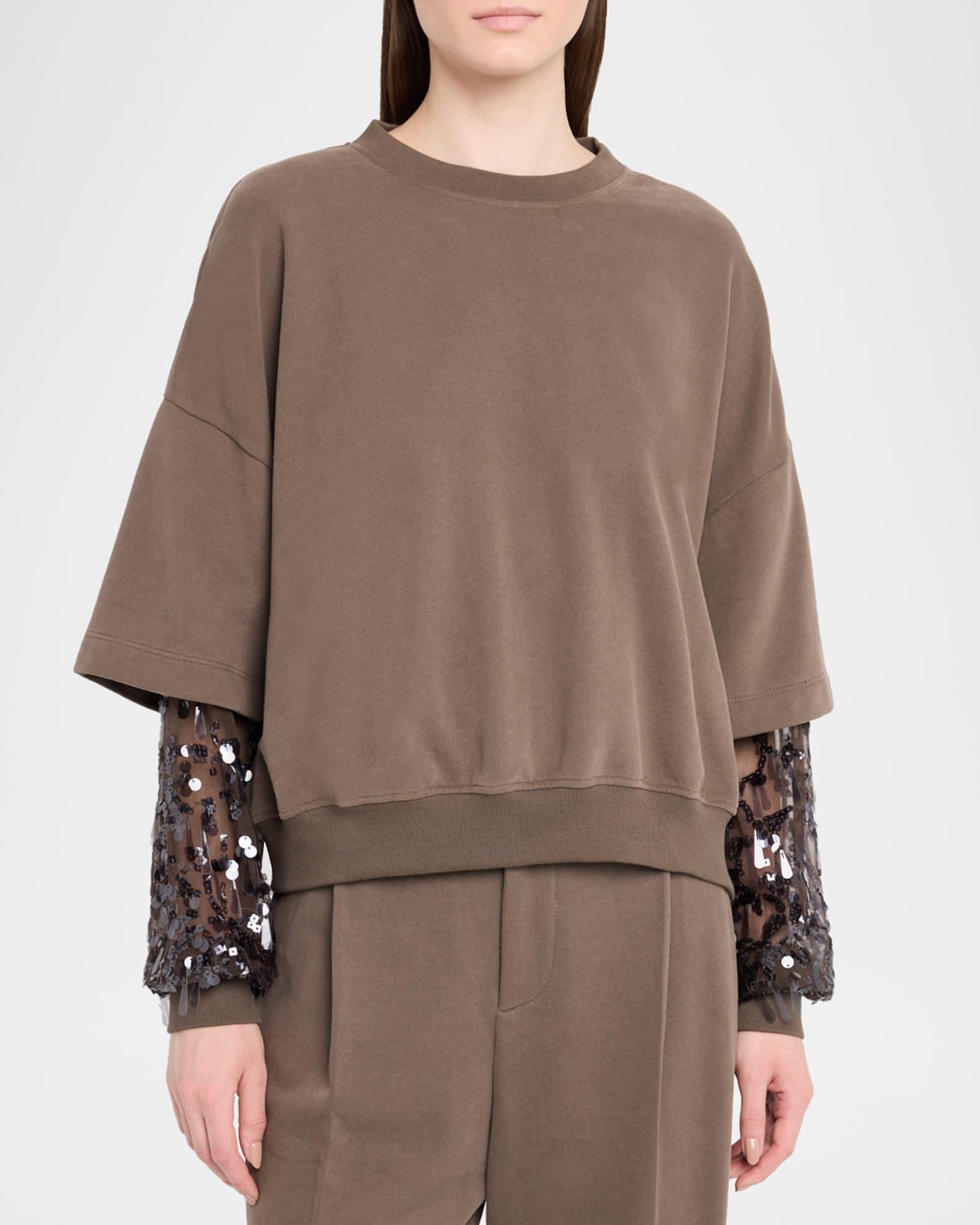 Crewneck Top with Sheer Sequined Raindrop Sleeves Product Image