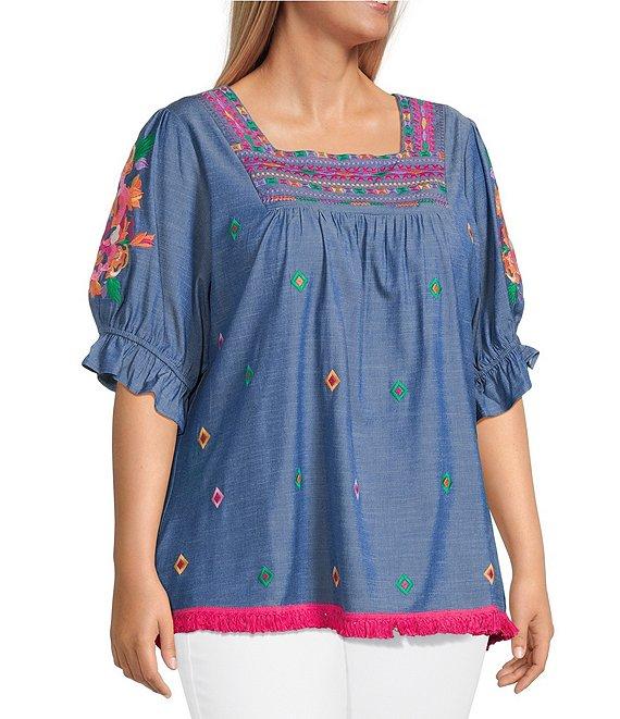 Calessa Plus Size Embroidered Square Neck Short Sleeve Tunic Product Image