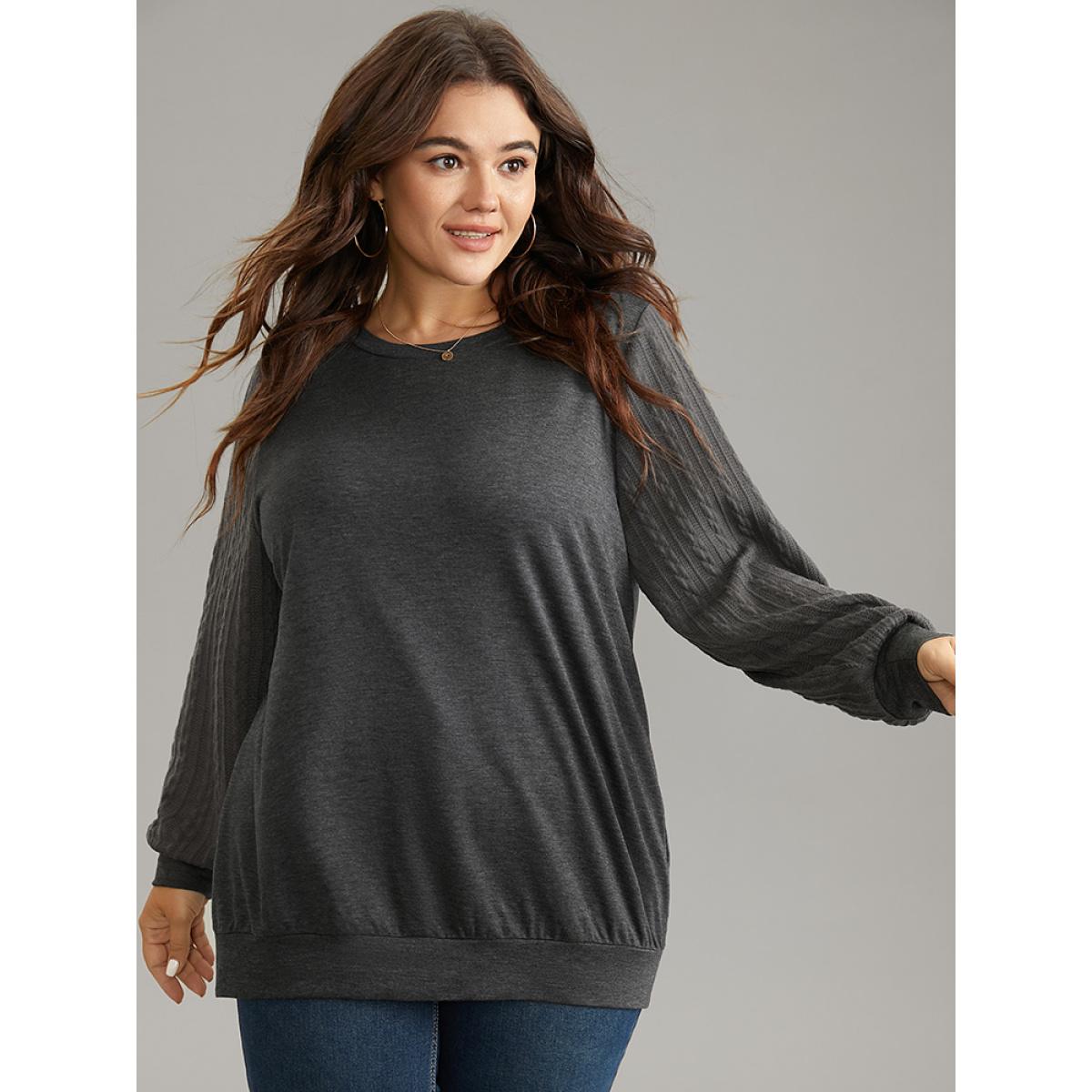 Plus Size Solid Cable Knit Crew Neck Sweatshirt Women Gray Elegant Texture Round Neck Dailywear Sweatshirts BloomChic 12/L Product Image