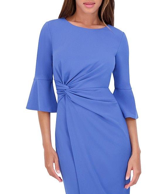 Kensie Stretch Boat Neck Mid Length Bell Sleeve Twist Waist Faux Wrap Skirt Sheath Dress Product Image
