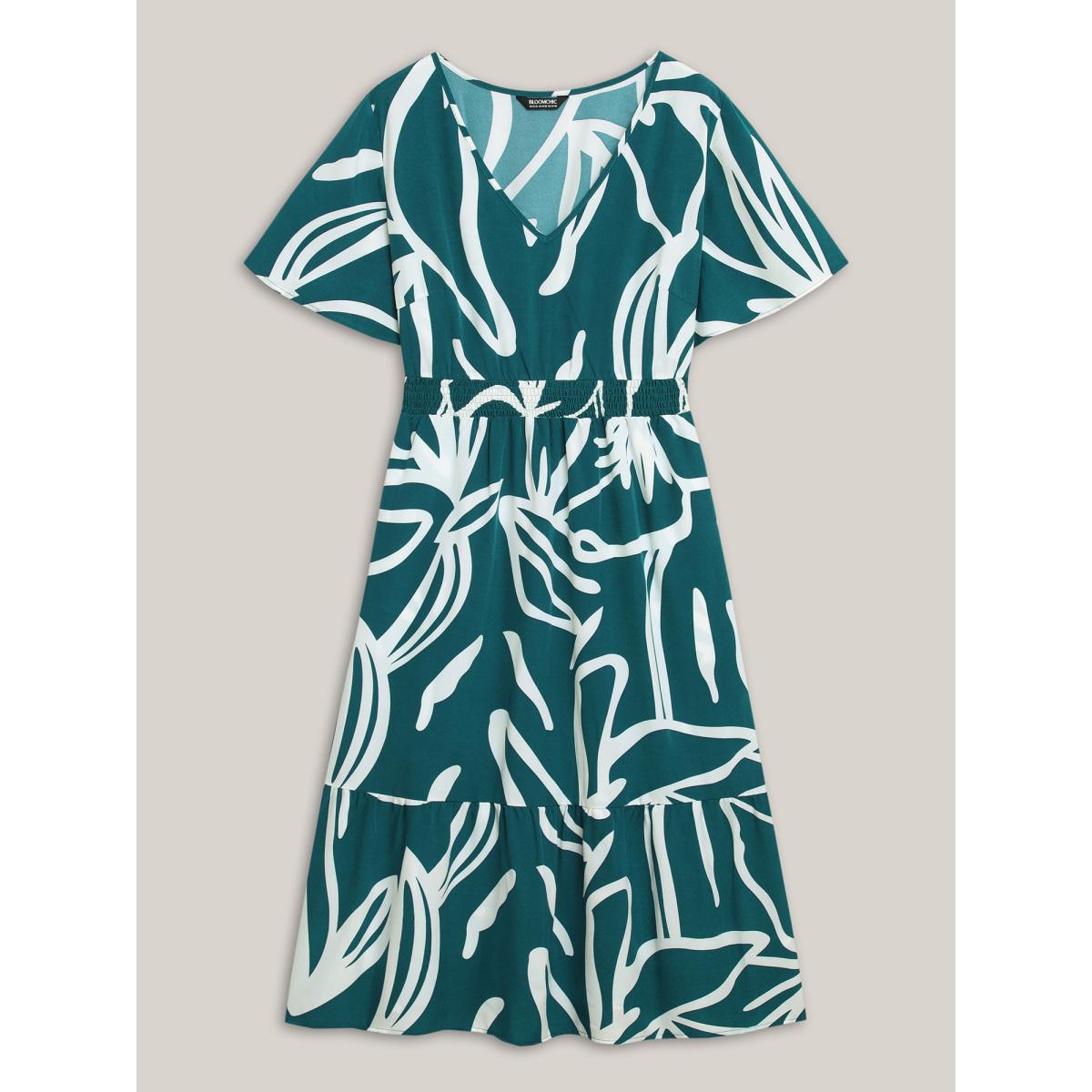 Plus Size Large Flower Print Shirred Waist Midi Dress Teal Women V-neck Short sleeve Curvy BloomChic 14-16/1X Product Image