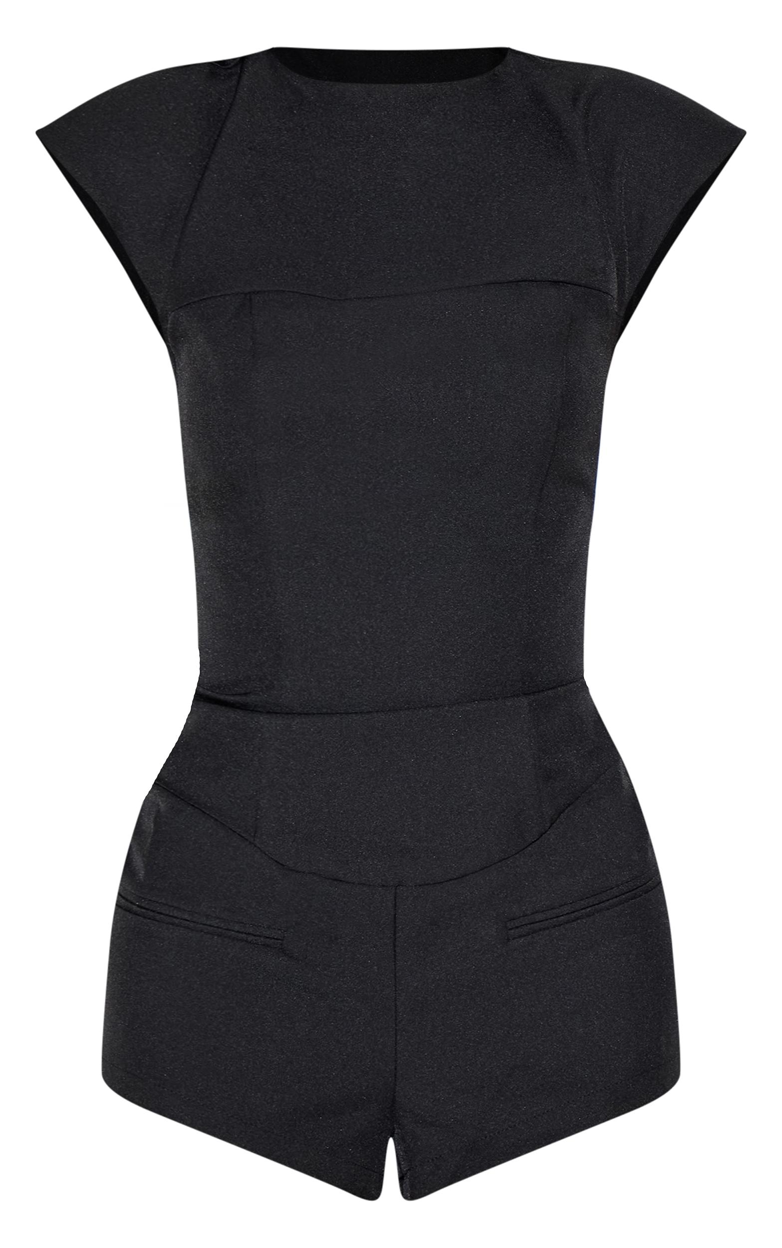 Black Tailored Woven Boatneck Cap Sleeve Romper Product Image