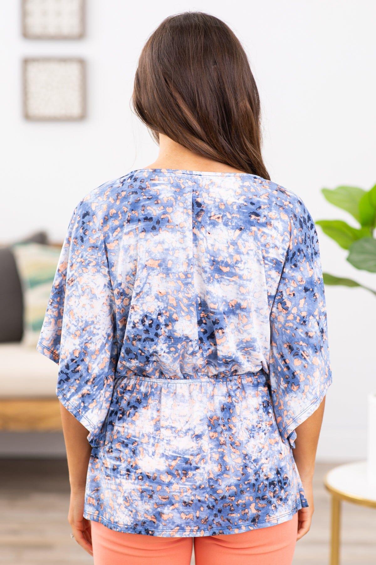 Dusty Blue and Peach Animal Print Peplum Top Product Image