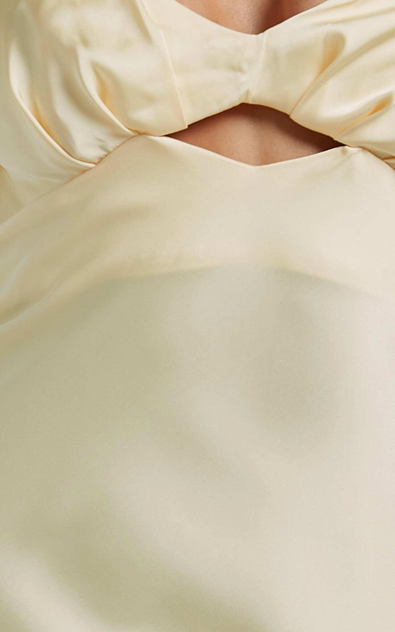 Emberlynn Midi Dress - Flutter Sleeve Cut Out Satin Dress in Butter Yellow Product Image