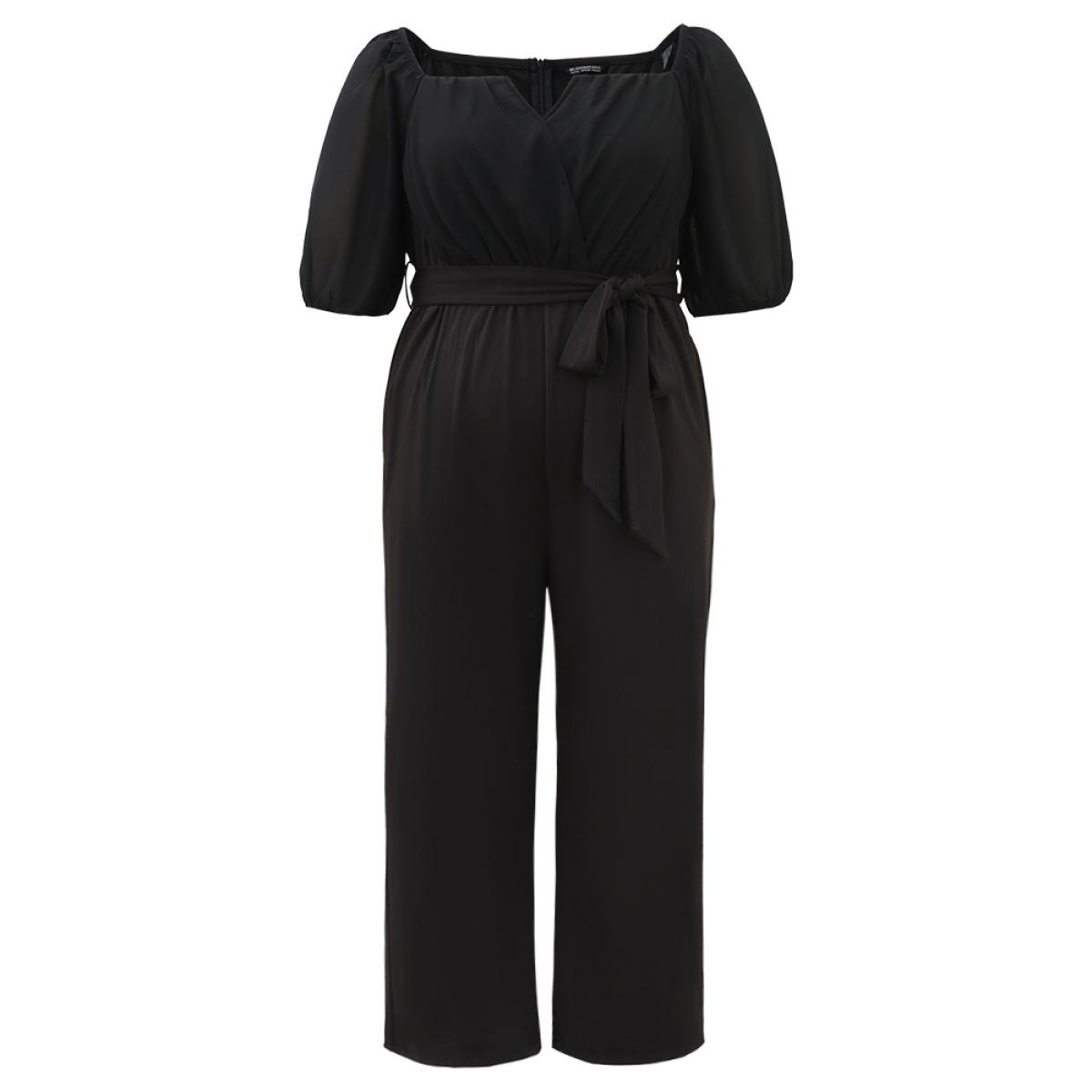 Plus Size Black Plain Square Neck Pocket Belted Zipper Jumpsuit Women Elegant Short sleeve Square Neck Dailywear Loose Jumpsuits BloomChic 10/M Product Image