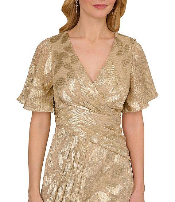 Adrianna Papell Foiled Leaf Print Surplice V-Neck Short Flutter Sleeve Gown Product Image