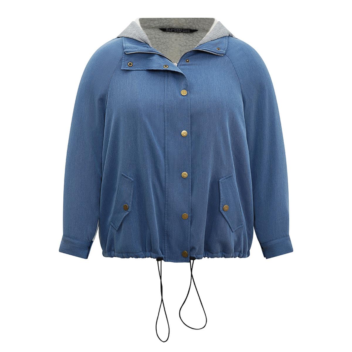 Plus Size Denim Hooded Drawstring Fuzzy Patchwork Jacket Women Blue Lined Pocket Dailywear Jackets BloomChic 10/M Product Image