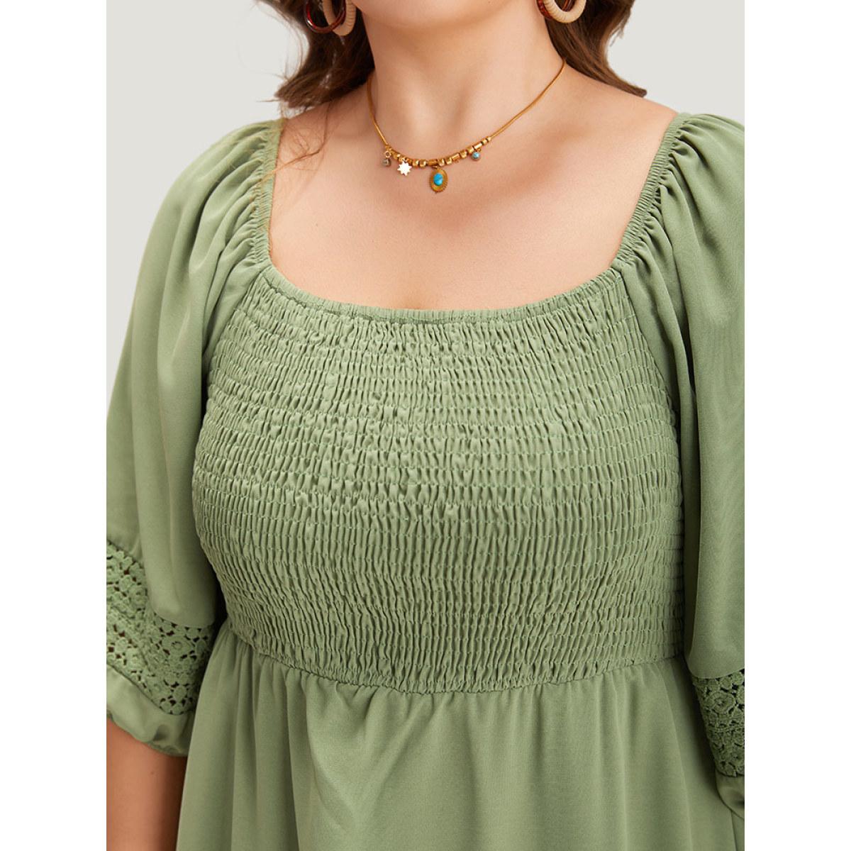 Plus Size Solid Shirred Square Neck Guipure Lace Dress Moss Women Vacation Elastic cuffs Square Neck Elbow-length sleeve Curvy Midi Dress BloomChic 22-24/3X Product Image