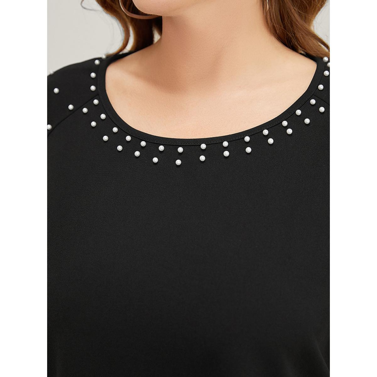 Plus Size Solid Raglan Sleeve Pearl Beaded T-shirt Black Women Elegant Beaded Plain Round Neck Dailywear T-shirts BloomChic 12/L Product Image