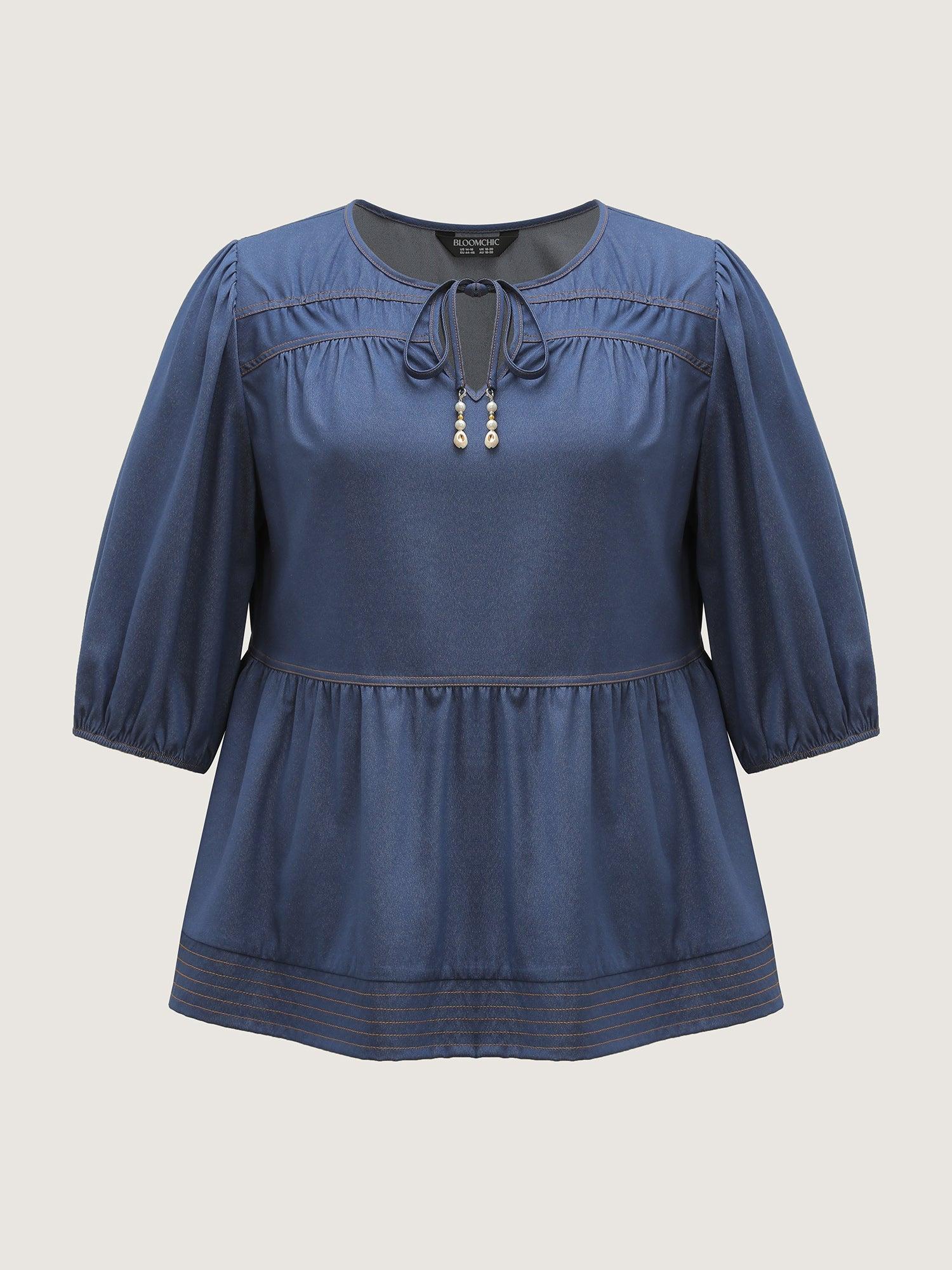 Relaxed-Fit Denim-Style Neck Tie Blouse Female Product Image