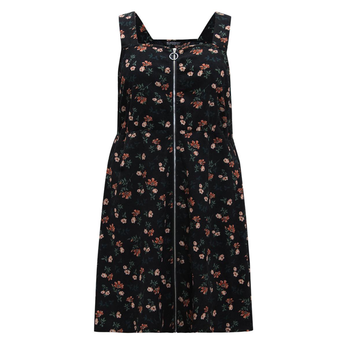Plus Size Ditsy Floral Corduroy Pocket Zipper Fly Cami Dress Black Women Casual Printed Square Neck Sleeveless Curvy Knee Dress BloomChic 18-20/2X Product Image