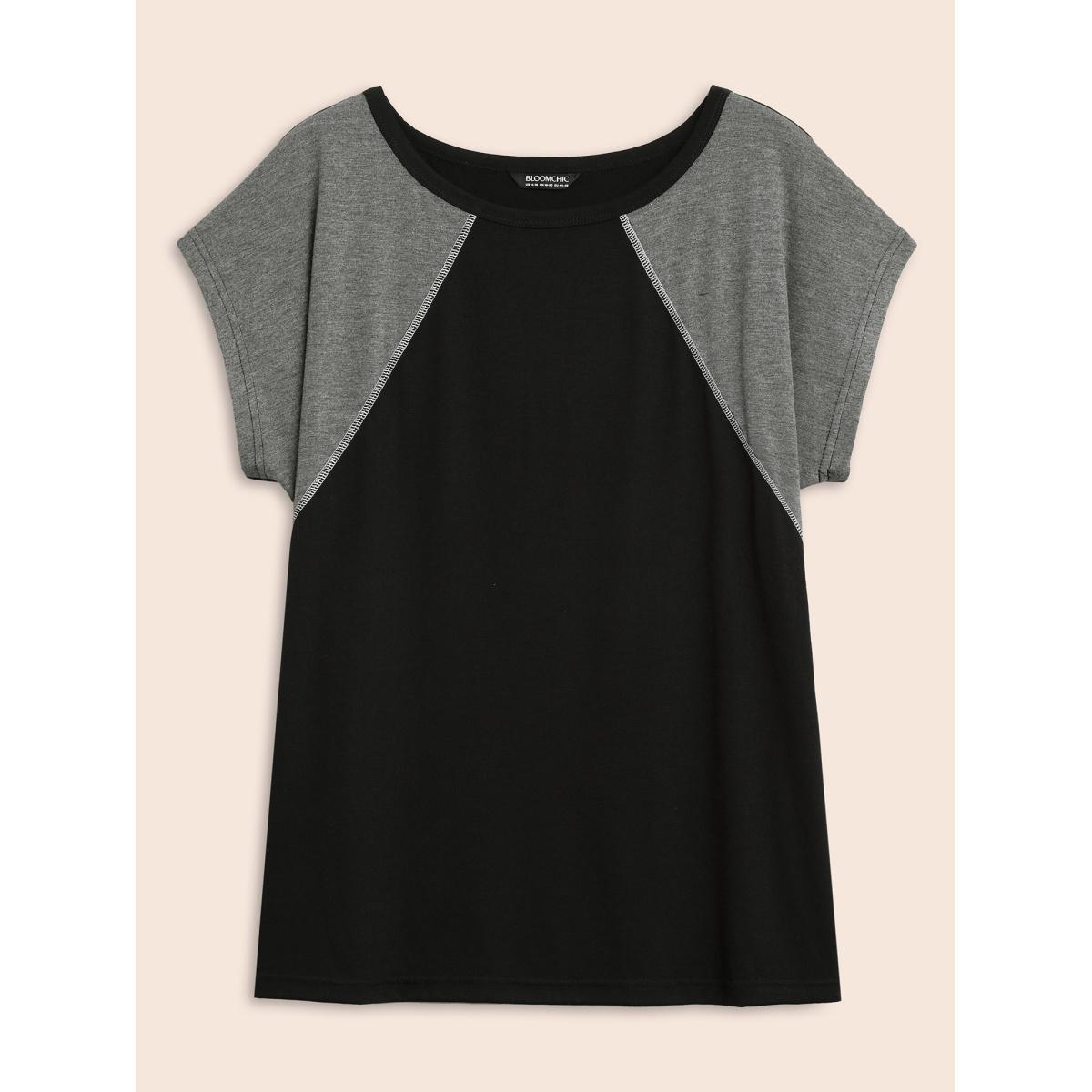 Plus Size Color Block Contrast Binding Batwing Sleeve T-shirt Black Women Casual Contrast Colorblock Round Neck Everyday T-shirts BloomChic 12/L Product Image