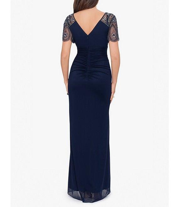 Xscape Short Beaded Sheer Flutter Sleeve Cascading Draped Waist V-Neck Beaded Gown Product Image