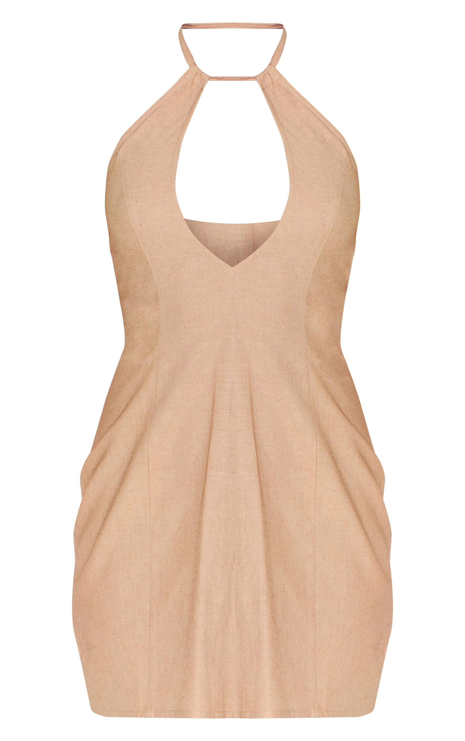 Petite Stone Linen Look Halterneck Cut Out Mini Dress Product Image