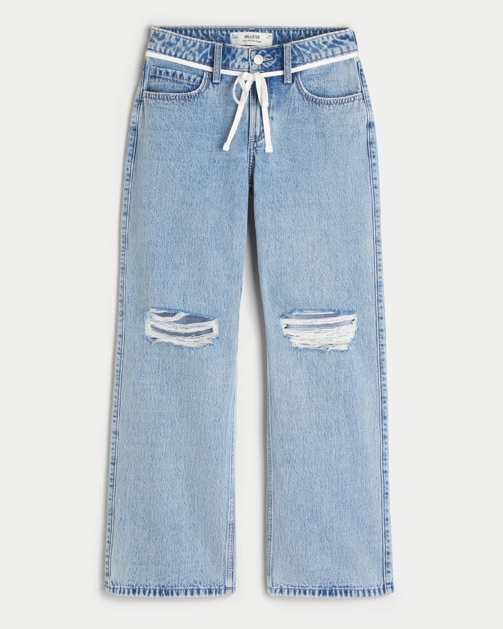 Curvy Ripped Mid-Rise Light Wash Shoelace Waist Baggy Jeans Product Image