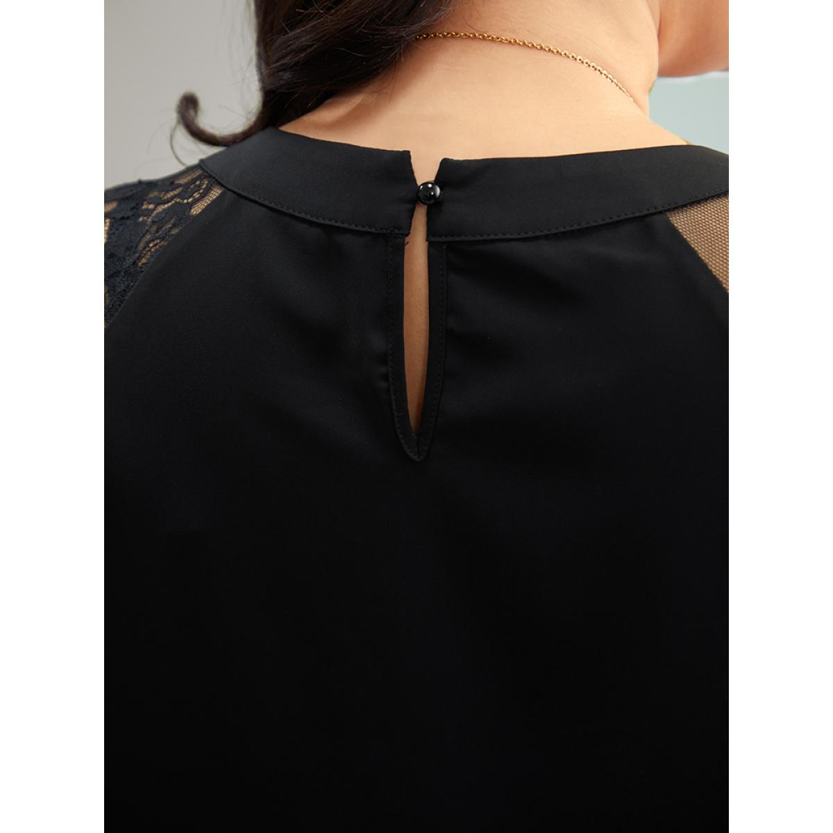 Plus Size Black Anti-Wrinkle Crochet Lace Mesh Keyhole Blouse Women Office Long Sleeve Keyhole Cut-Out Work Blouses BloomChic 28/5X Product Image