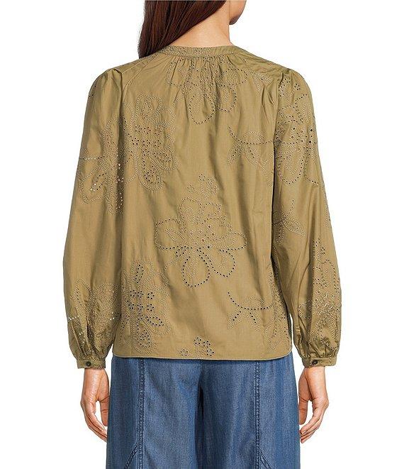 Current Air Eyelet Split Neck Long Sleeve Blouse Product Image