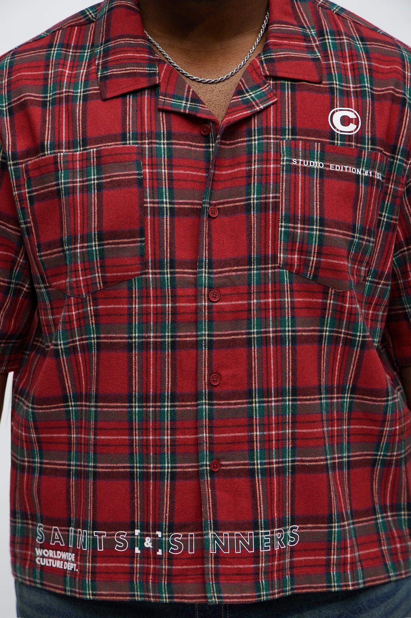 Culture Plaid Cropped Button Up Shirt - Red Male Product Image