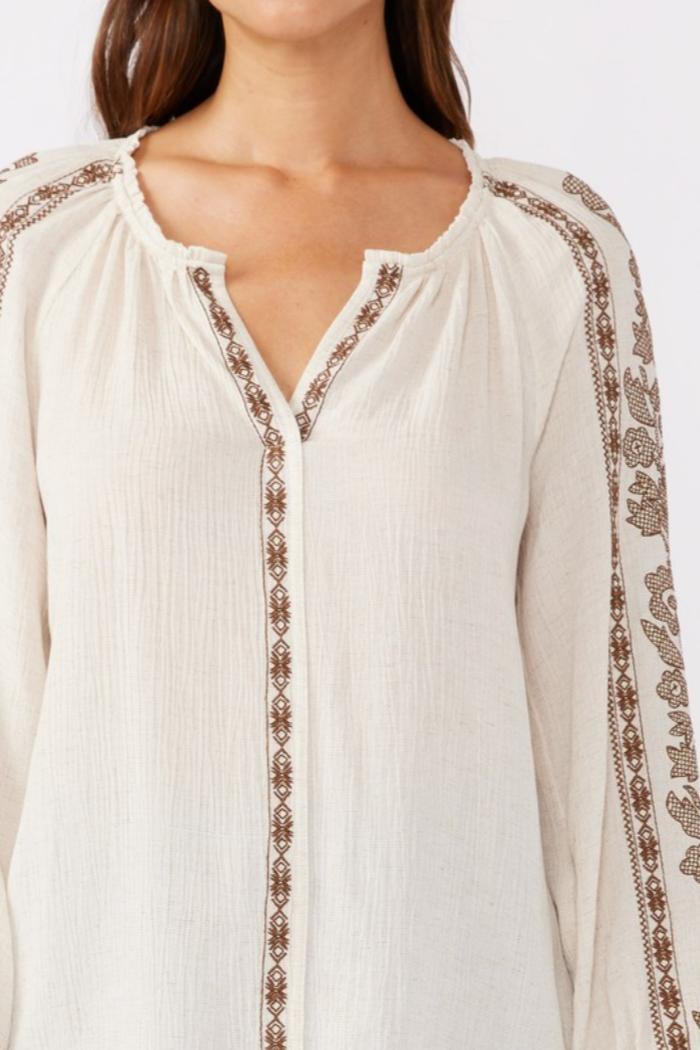 Embroidered Long Sleeve V-Split Neck Top Product Image