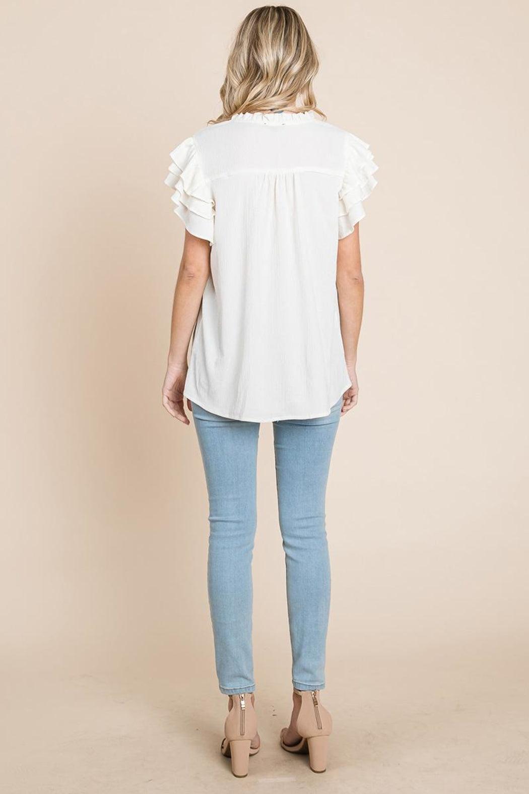 V Neck Ruffle Sleeve Textured Shirts Blouses Product Image