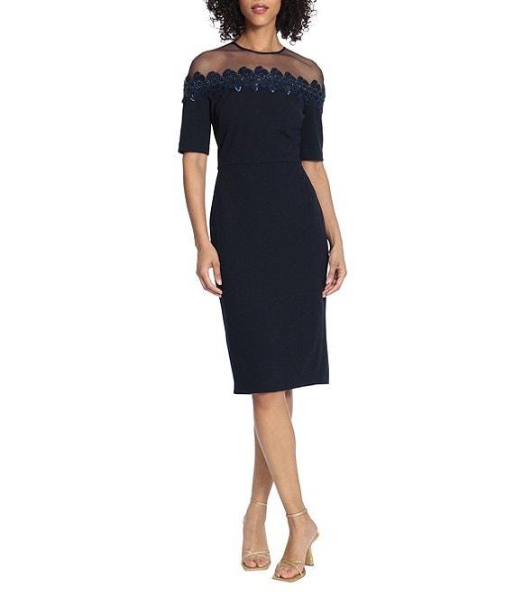 Maggy London Illusion Yoke Stretch Crepe Short Sleeve Crew Neck Sheath Midi Dress Product Image