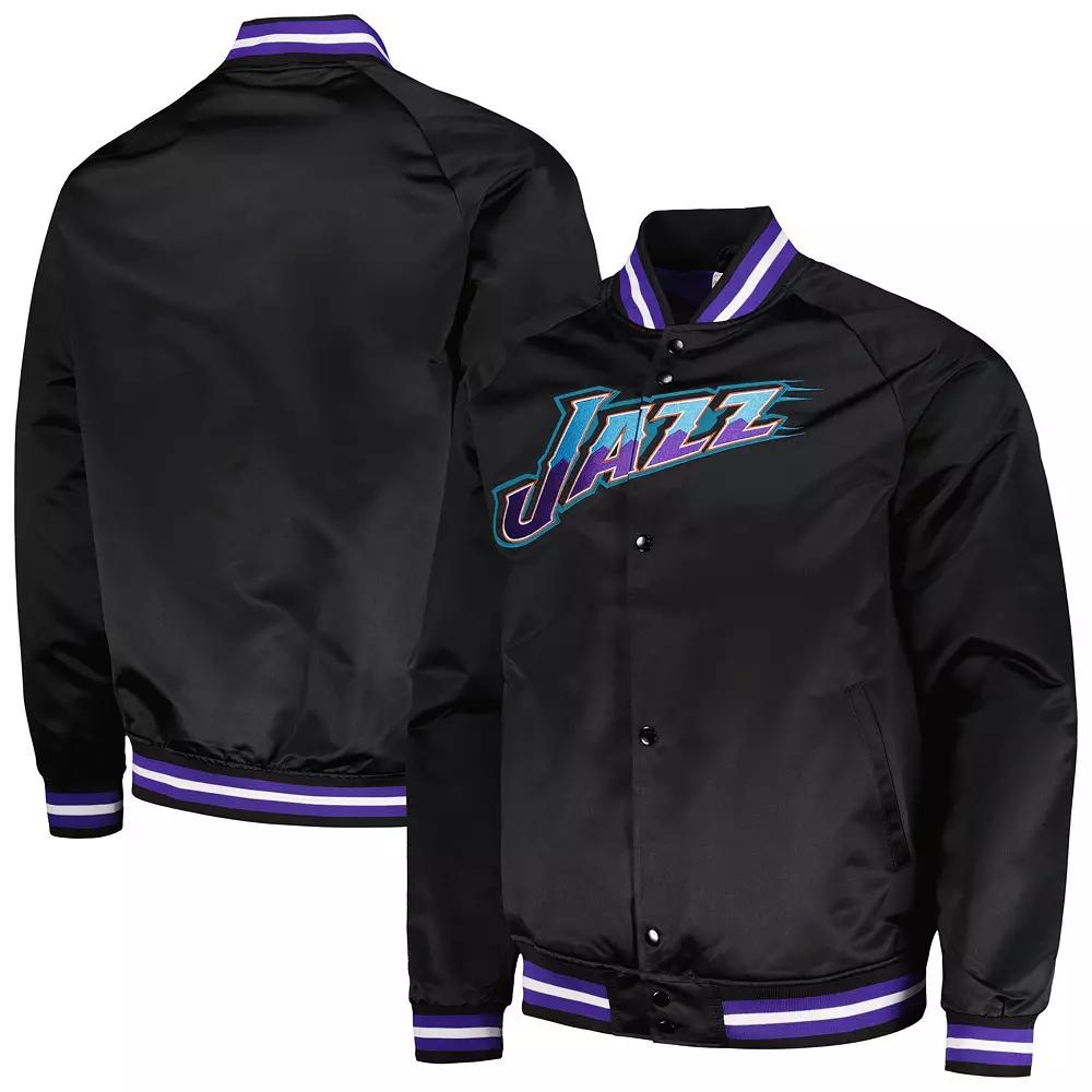 Men's Mitchell & Ness Black Utah Jazz Hardwood Classics Throwback Wordmark Raglan Full-Snap Jacket,  Product Image