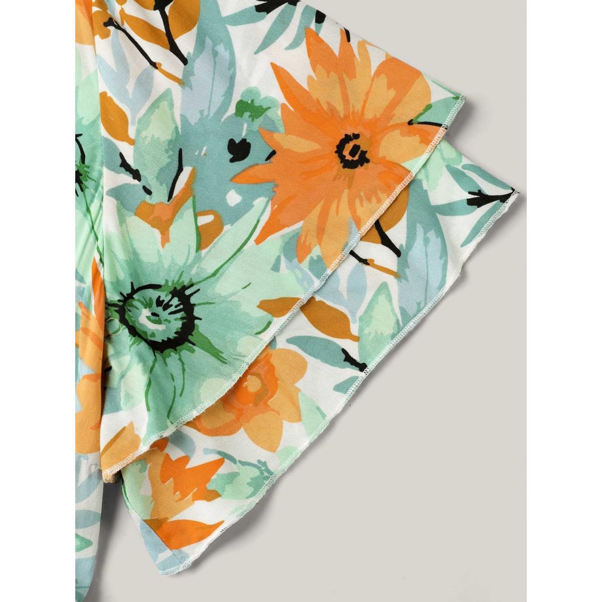 Plus Size Floral Print Rayon Pockets Tiered Midi Dress Beige Women V-neck Short sleeve Curvy BloomChic 10/M Product Image