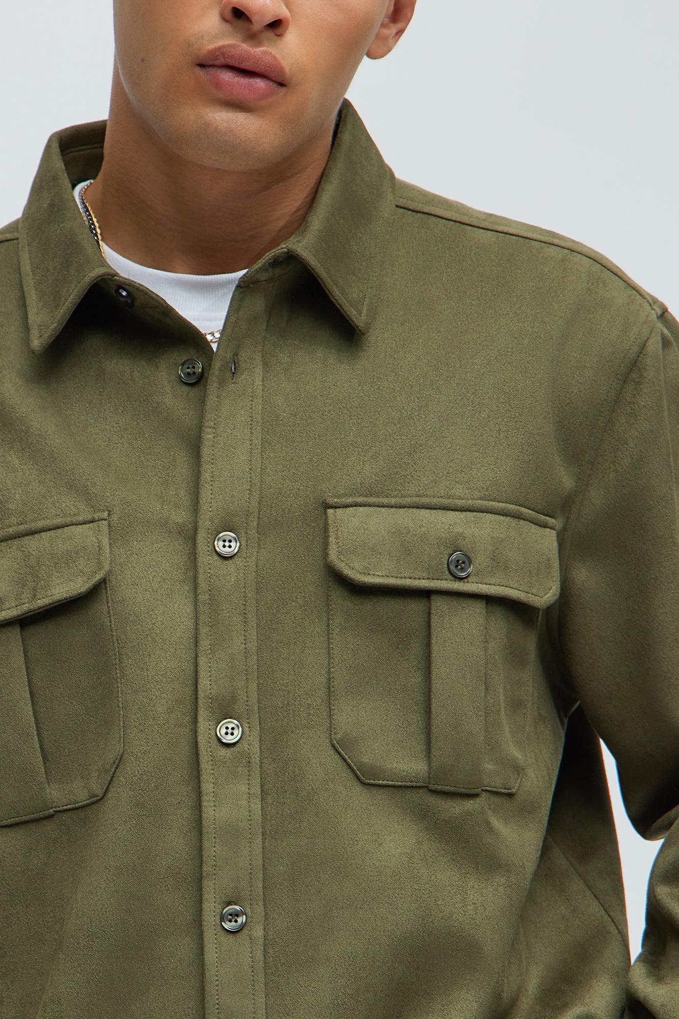 Ardee Faux Suede Button Up Shirt - Olive Product Image