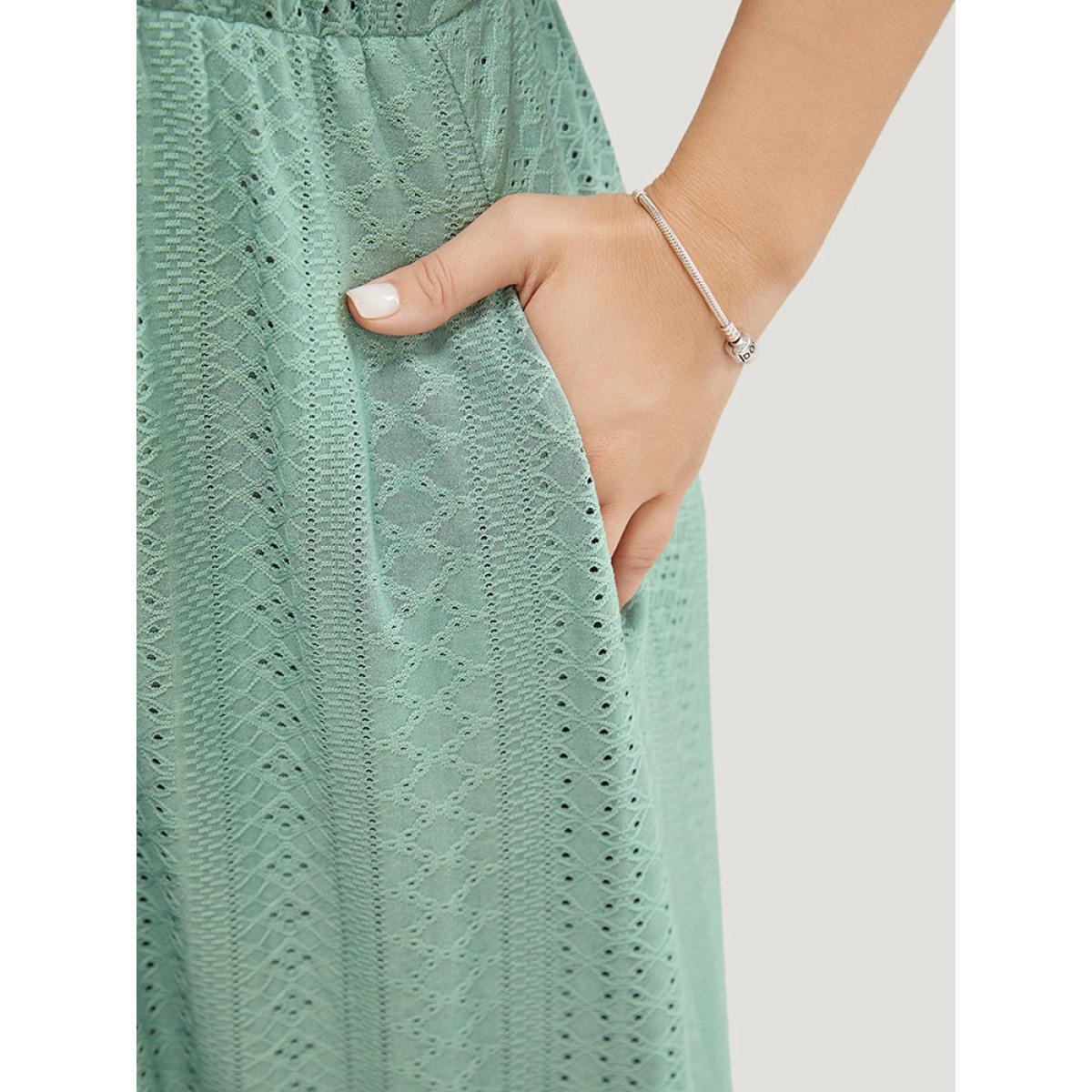 Plus Size Solid Ruffle Sleeve Pocket Contrast Lace Broderie Anglaise Dress Mint Women Elegant Lined V-neck Short sleeve Curvy Midi Dress BloomChic 26/4X Product Image