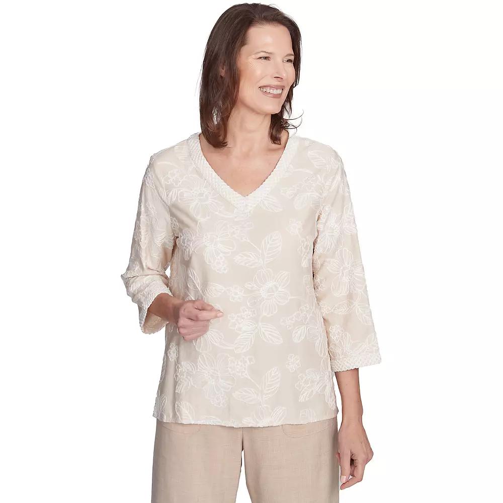 Women's Alfred Dunner Tossed Floral Embroidery V-Neck Top, Size: Small, Linen Product Image