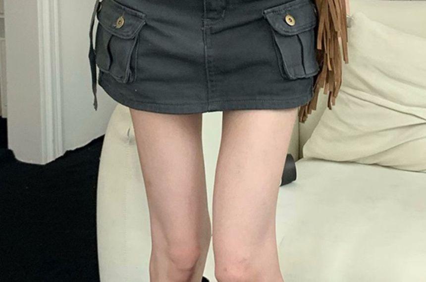 Mid Rise Plain Denim Cargo Skort Product Image