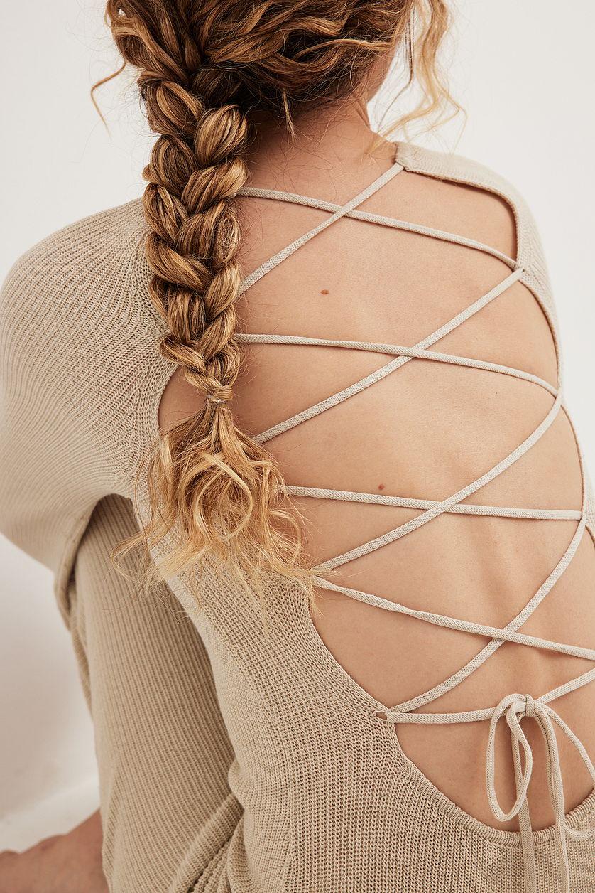 Open Back Lace Detail Knitted Maxi Dress Beige Product Image