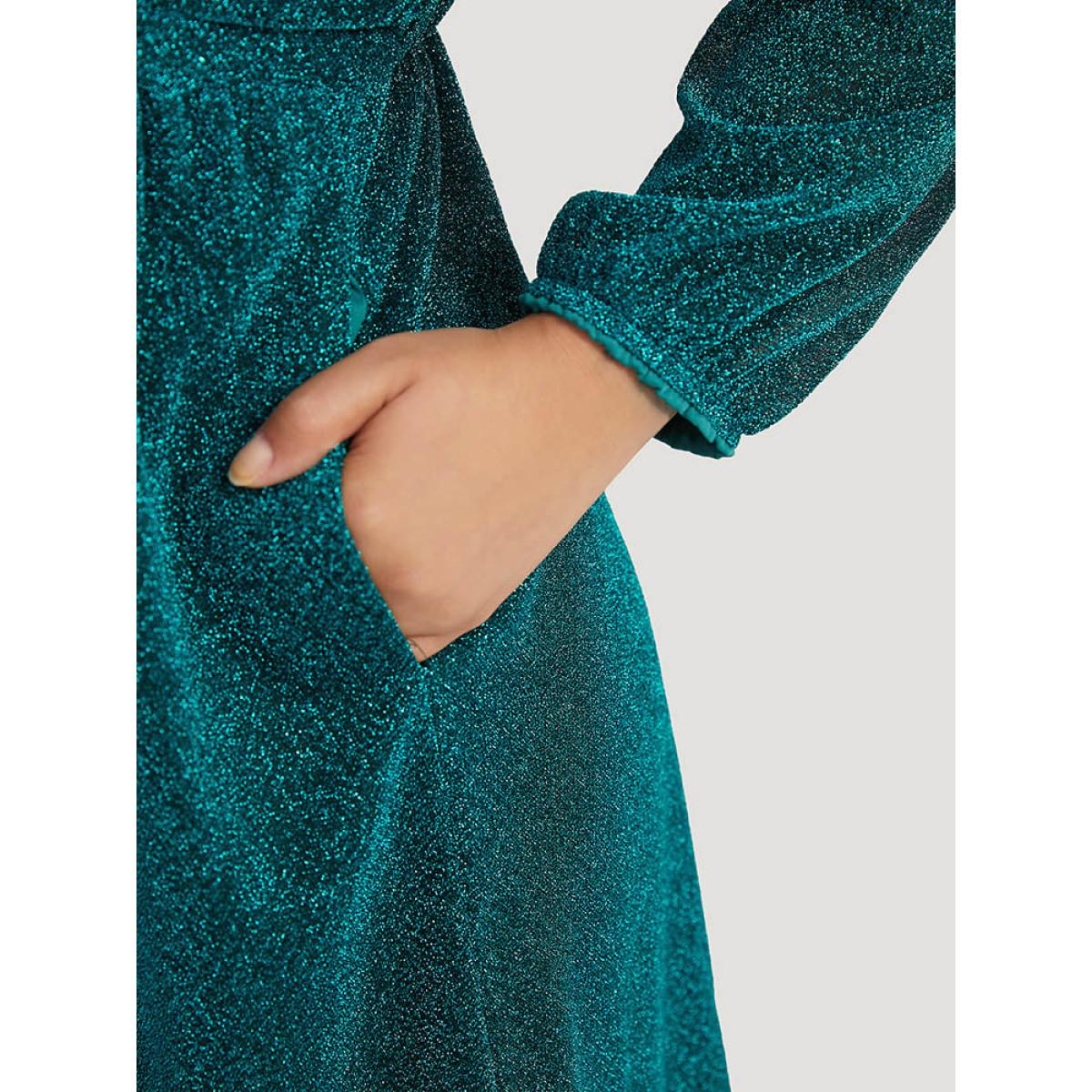 Plus Size Glitter Overlap Collar Pocket Ruched Dress Teal Women Elegant Elastic cuffs V-neck Long Sleeve Curvy Midi Dress BloomChic 22-24/3X Product Image
