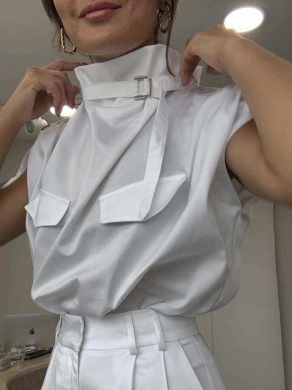 Loose Sleeveless Buckle Solid Color Stand Collar Blouses&Shirts Tops Product Image