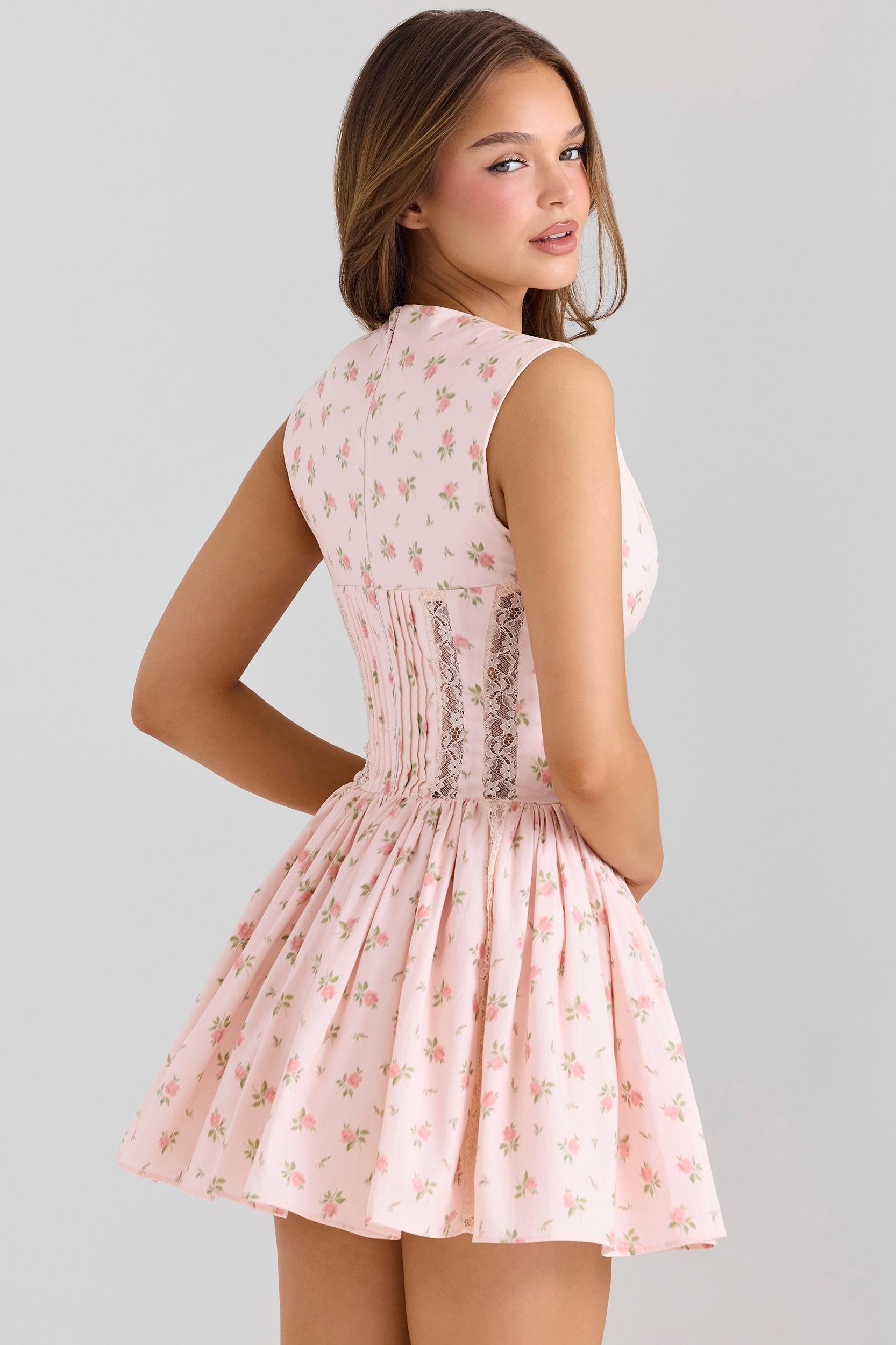 Carmel  pink stretch cotton floral print mini dress Product Image