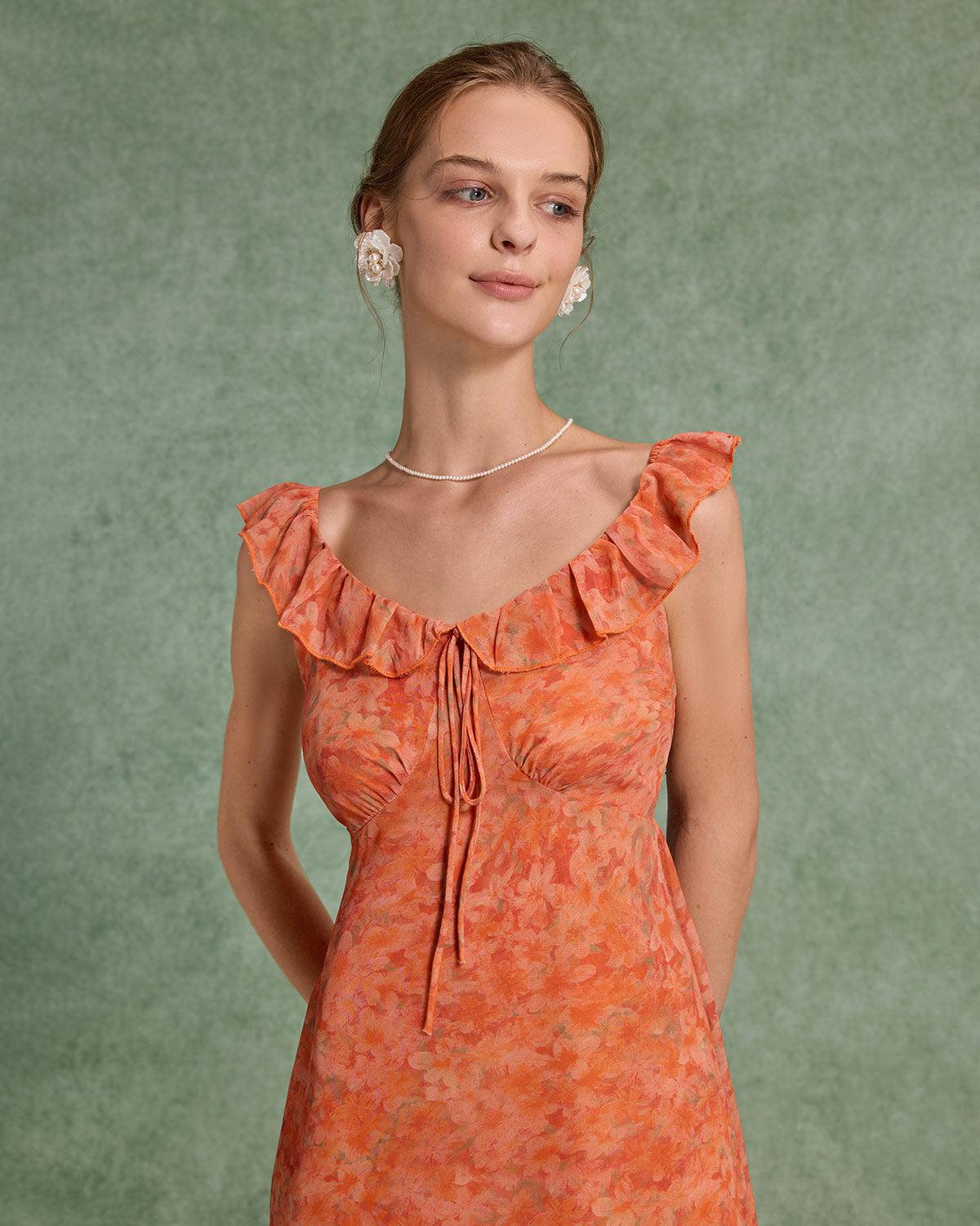Orange Floral Ruffle Sleeveless Maxi Dress Product Image