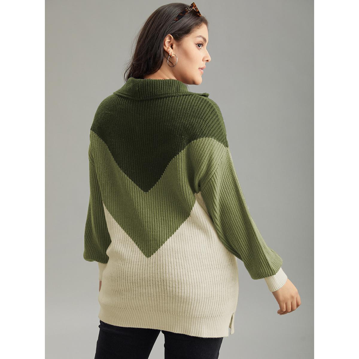 Plus Size Colorblock Patchwork Zipper Lapel Collar Pullover ArmyGreen Women Casual Long Sleeve Lapel Collar Everyday Pullovers BloomChic 14-16/1X Product Image