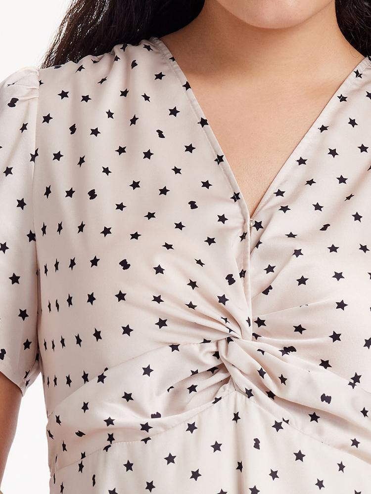 Beige Combo Print V-Neck Twisted Polka Dot Midi Dress Product Image